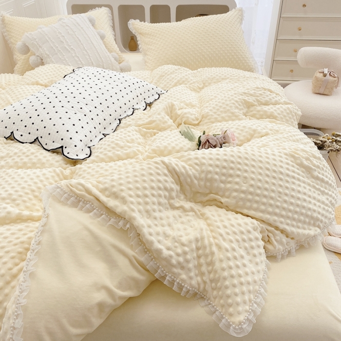 91家纺网 家纺一手货源 找家纺 玛奇朵 2021新款豆豆绒珍珠款四件套-梦露系列梦露-象牙白