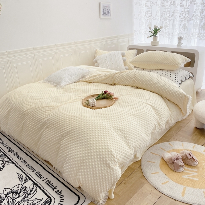 91家纺网 家纺一手货源 找家纺 玛奇朵 2021新款豆豆绒珍珠款四件套-梦露系列梦露-象牙白