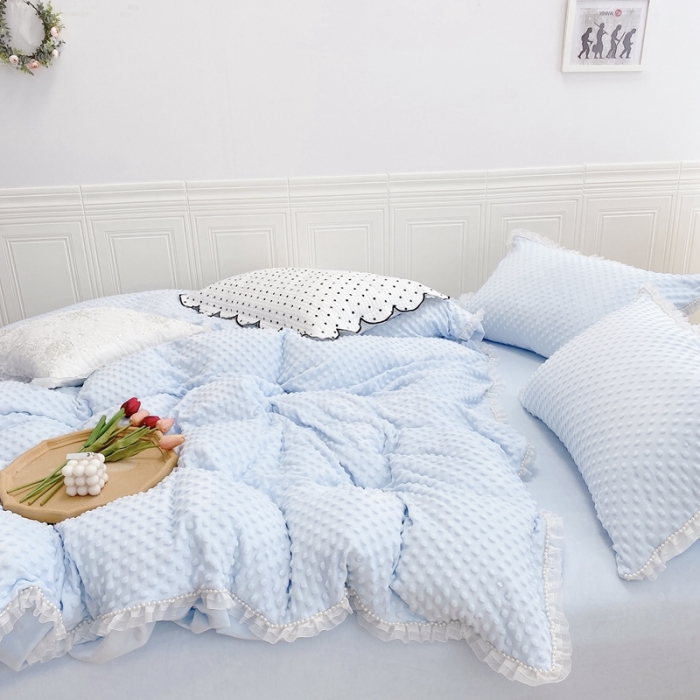 91家纺网 家纺一手货源 找家纺 玛奇朵 2021新款豆豆绒珍珠款四件套-梦露系列 梦露-婴儿蓝