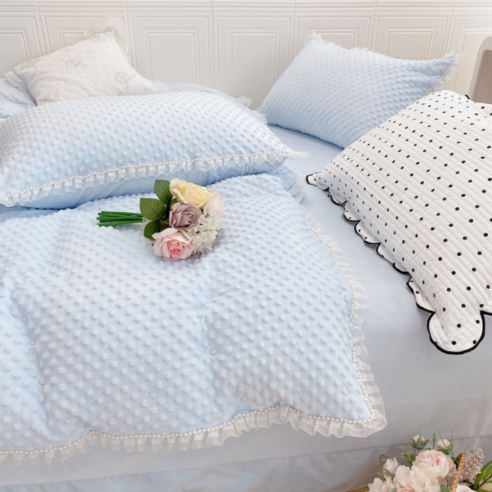 91家纺网 家纺一手货源 找家纺 玛奇朵 2021新款豆豆绒珍珠款四件套-梦露系列 梦露-婴儿蓝