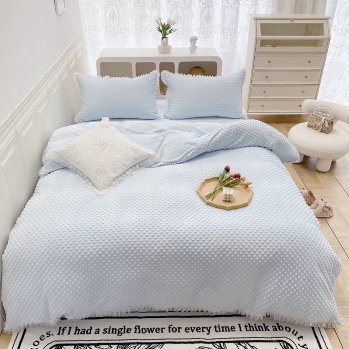 91家纺网 家纺一手货源 找家纺 玛奇朵 2021新款豆豆绒珍珠款四件套-梦露系列 梦露-婴儿蓝