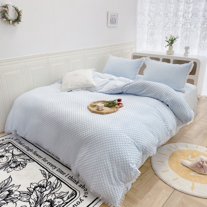 91家纺网 家纺一手货源 找家纺 玛奇朵 2021新款豆豆绒珍珠款四件套-梦露系列 梦露-婴儿蓝