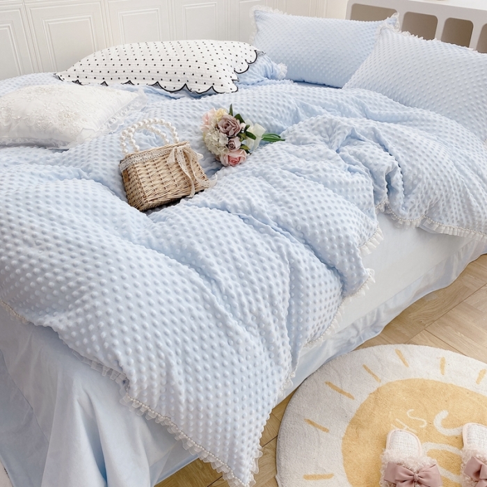 91家纺网 家纺一手货源 找家纺 玛奇朵 2021新款豆豆绒珍珠款四件套-梦露系列 梦露-婴儿蓝