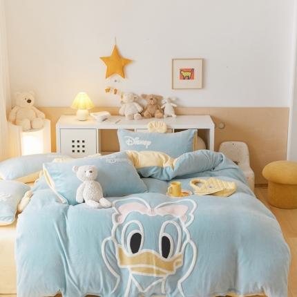 朗莎家纺 2021新款毛巾绣牛奶绒四件套 黛西天蓝