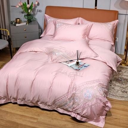 91家纺网 家纺一手货源 找家纺 （总）2022新款纯棉50支双股贡缎长绒棉绣花四件套 全棉刺绣