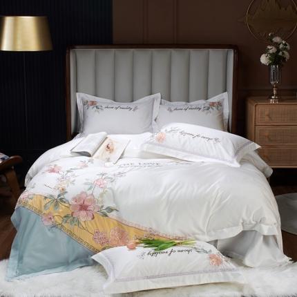 91家纺网 家纺一手货源 找家纺 （总）2022新款纯棉50支双股贡缎长绒棉绣花四件套 全棉刺绣