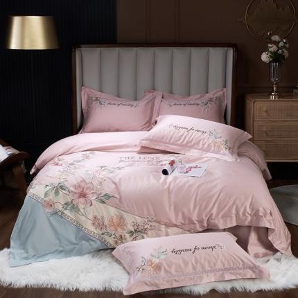 91家纺网 家纺一手货源 找家纺 （总）2022新款纯棉50支双股贡缎长绒棉绣花四件套 全棉刺绣