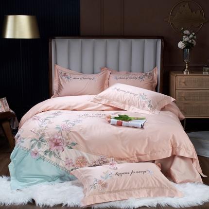 91家纺网 家纺一手货源 找家纺 （总）2022新款纯棉50支双股贡缎长绒棉绣花四件套 全棉刺绣