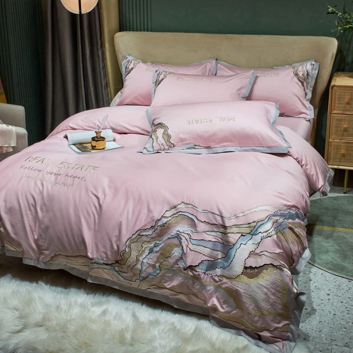 91家纺网 家纺一手货源 找家纺 （总）2022新款纯棉50支双股贡缎长绒棉绣花四件套 全棉刺绣