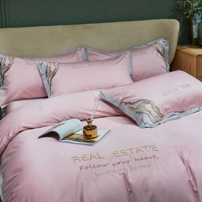 91家纺网 家纺一手货源 找家纺 （总）2022新款纯棉50支双股贡缎长绒棉绣花四件套 全棉刺绣