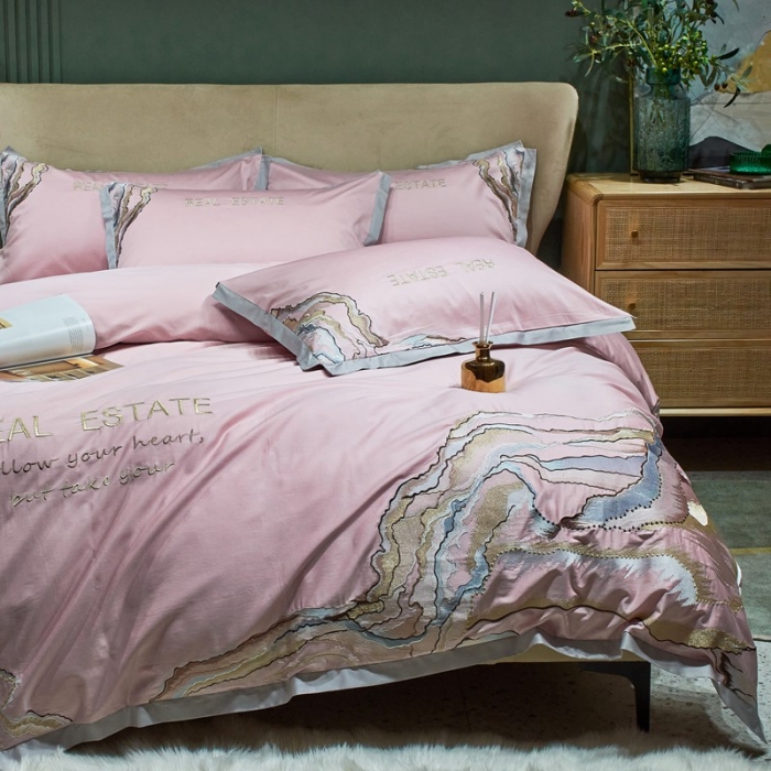 91家纺网 家纺一手货源 找家纺 （总）2022新款纯棉50支双股贡缎长绒棉绣花四件套 全棉刺绣