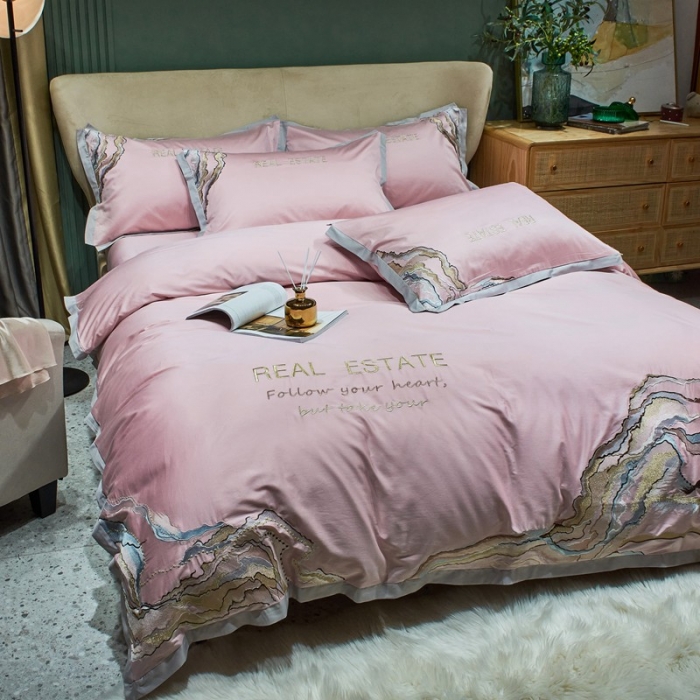 91家纺网 家纺一手货源 找家纺 （总）2022新款纯棉50支双股贡缎长绒棉绣花四件套 全棉刺绣