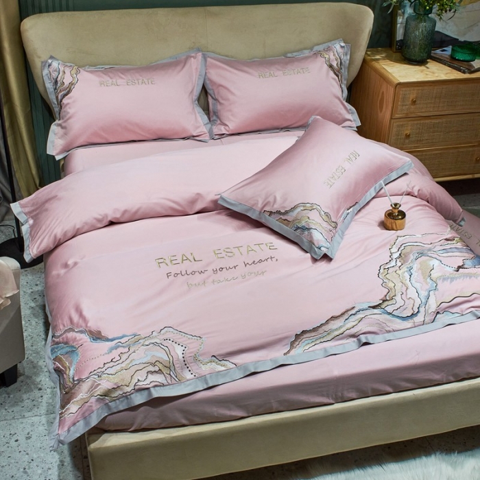 91家纺网 家纺一手货源 找家纺 （总）2022新款纯棉50支双股贡缎长绒棉绣花四件套 全棉刺绣