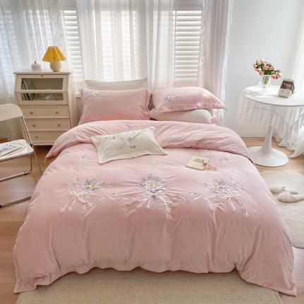 91家纺网 家纺一手货源 找家纺 总浩宇 高克重纯色绣花宝宝绒樱花绒四件套秋冬加厚保暖床上用品