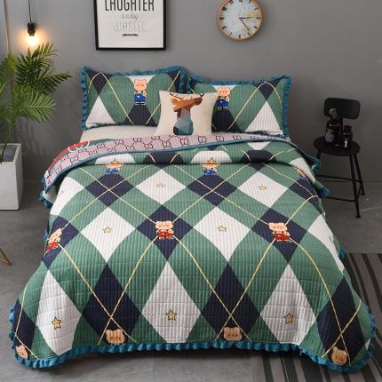 雨洋家纺 2025新款水晶绒床盖 小熊绿