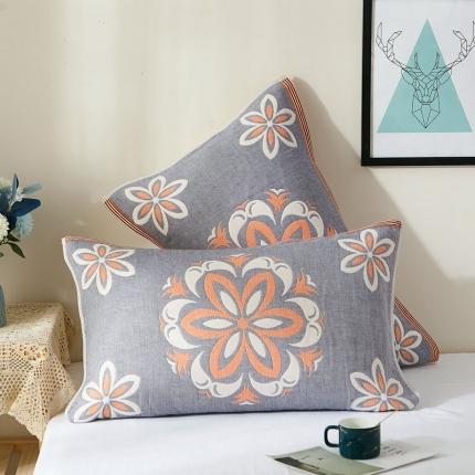 91家纺网 家纺一手货源 找家纺 朴尔2021新款全棉四层纱布休闲系列枕巾 花开朵朵-灰黄