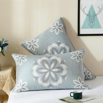 91家纺网 家纺一手货源 找家纺 朴尔2021新款全棉四层纱布休闲系列枕巾 花开朵朵-灰蓝