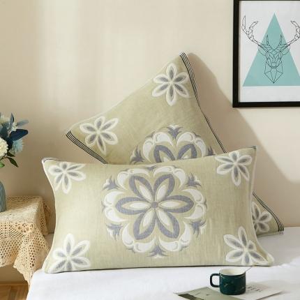 91家纺网 家纺一手货源 找家纺 朴尔2021新款全棉四层纱布休闲系列枕巾 花开朵朵-绿