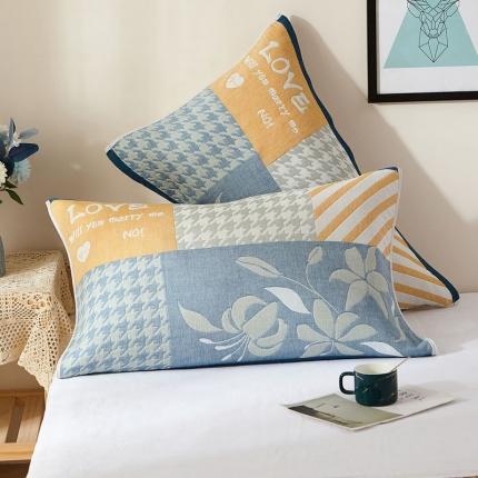 91家纺网 家纺一手货源 找家纺 朴尔2021新款全棉四层纱布休闲系列枕巾 千鸟爱情-蓝