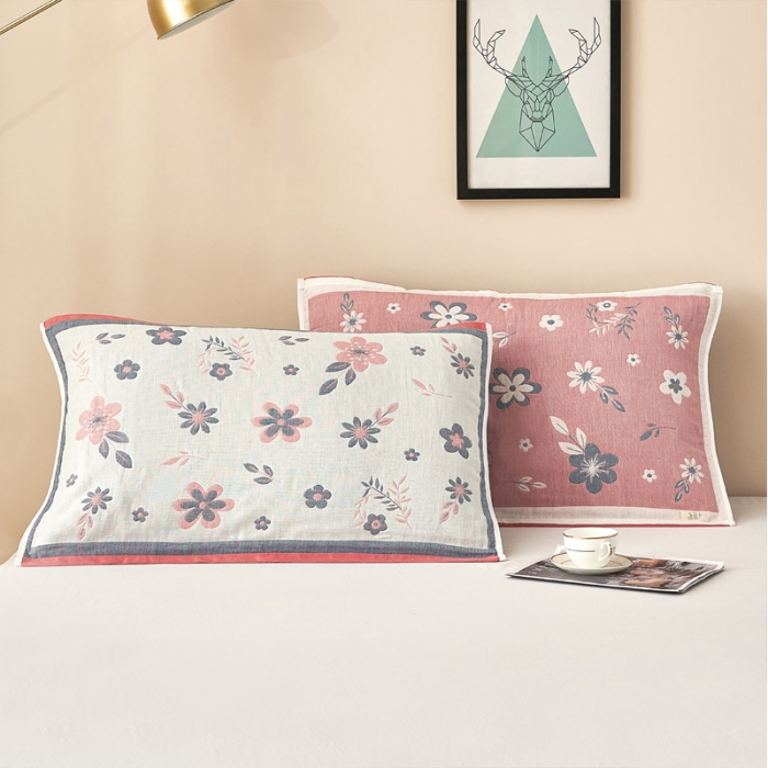 91家纺网 家纺一手货源 找家纺 朴尔2021全棉四层纱布休闲枕巾53*78cm 纷飞花雨-粉