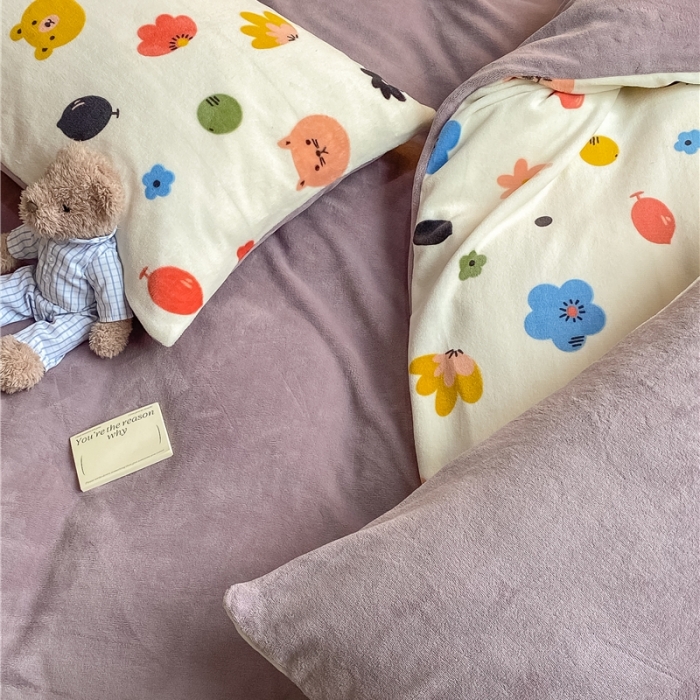 91家纺网 家纺一手货源 找家纺 （总）棉眠 2021新款纯色拼卡通牛奶绒四件套