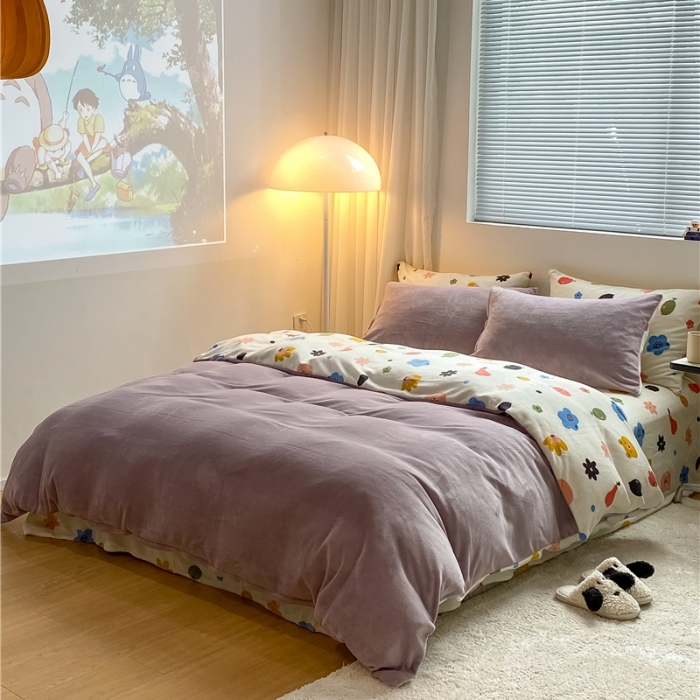 91家纺网 家纺一手货源 找家纺 （总）棉眠 2021新款纯色拼卡通牛奶绒四件套