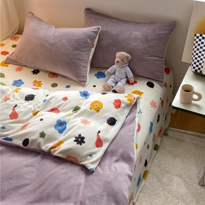 91家纺网 家纺一手货源 找家纺 （总）棉眠 2021新款纯色拼卡通牛奶绒四件套