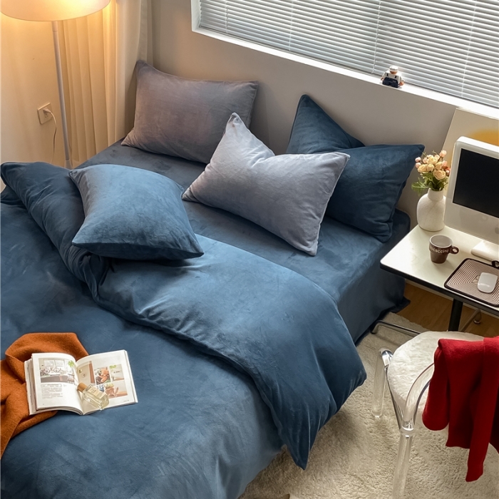 91家纺网 家纺一手货源 找家纺 棉眠 2021新款秋冬纯色牛奶绒四件套 冰岛蓝+雾霾蓝灰
