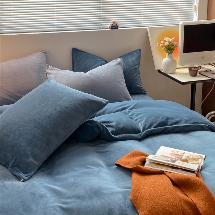 91家纺网 家纺一手货源 找家纺 棉眠 2021新款秋冬纯色牛奶绒四件套 冰岛蓝+雾霾蓝灰
