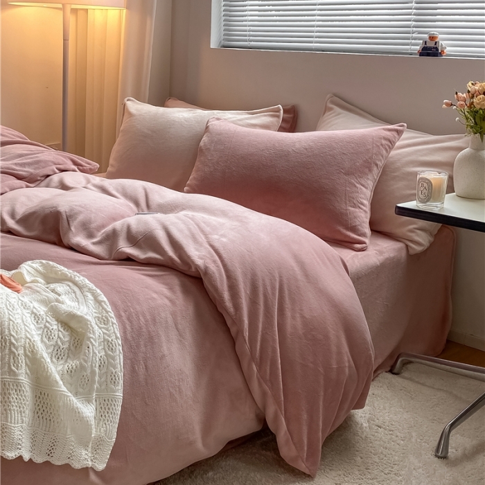 91家纺网 家纺一手货源 找家纺 棉眠 2021新款秋冬纯色牛奶绒四件套 豆沙粉+奶咖