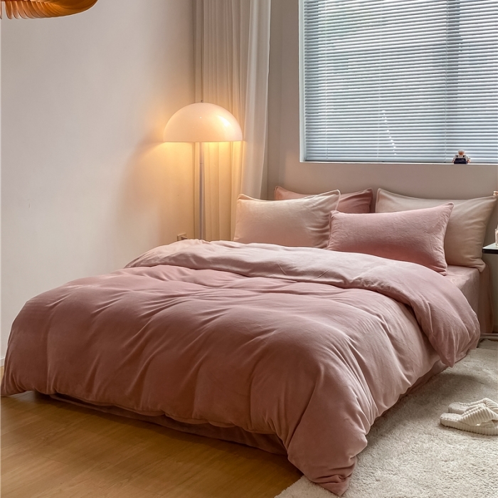 91家纺网 家纺一手货源 找家纺 棉眠 2021新款秋冬纯色牛奶绒四件套 豆沙粉+奶咖