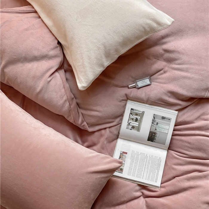 91家纺网 家纺一手货源 找家纺 棉眠 2021新款秋冬纯色牛奶绒四件套 豆沙粉+奶咖