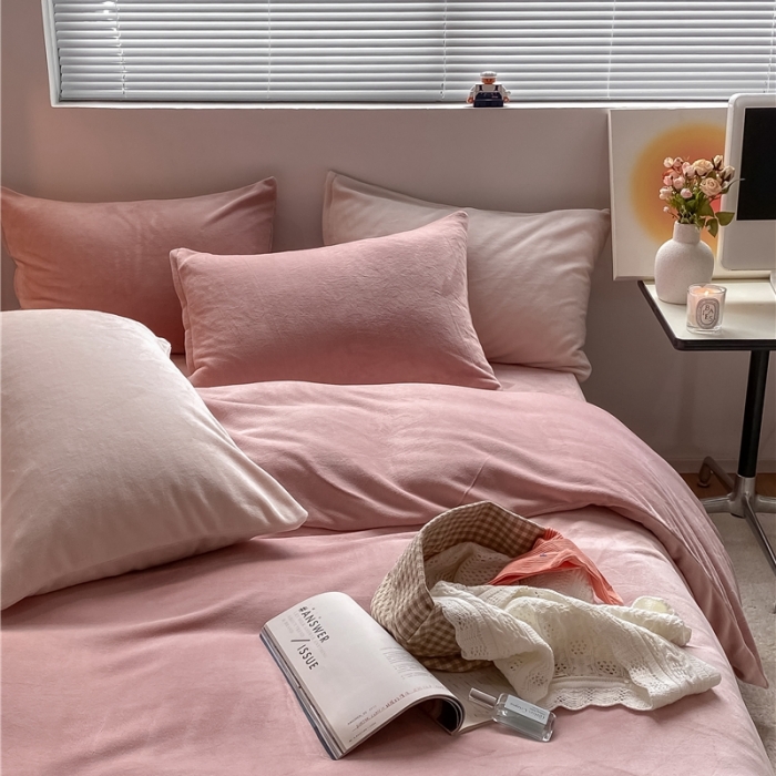 91家纺网 家纺一手货源 找家纺 棉眠 2021新款秋冬纯色牛奶绒四件套 豆沙粉+奶咖