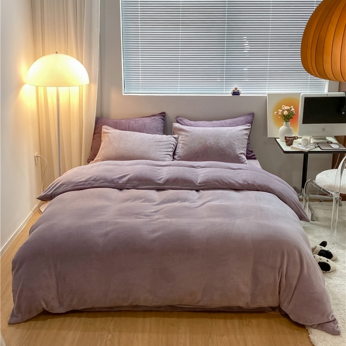 91家纺网 家纺一手货源 找家纺 棉眠 2021新款秋冬纯色牛奶绒四件套 香芋紫+深紫