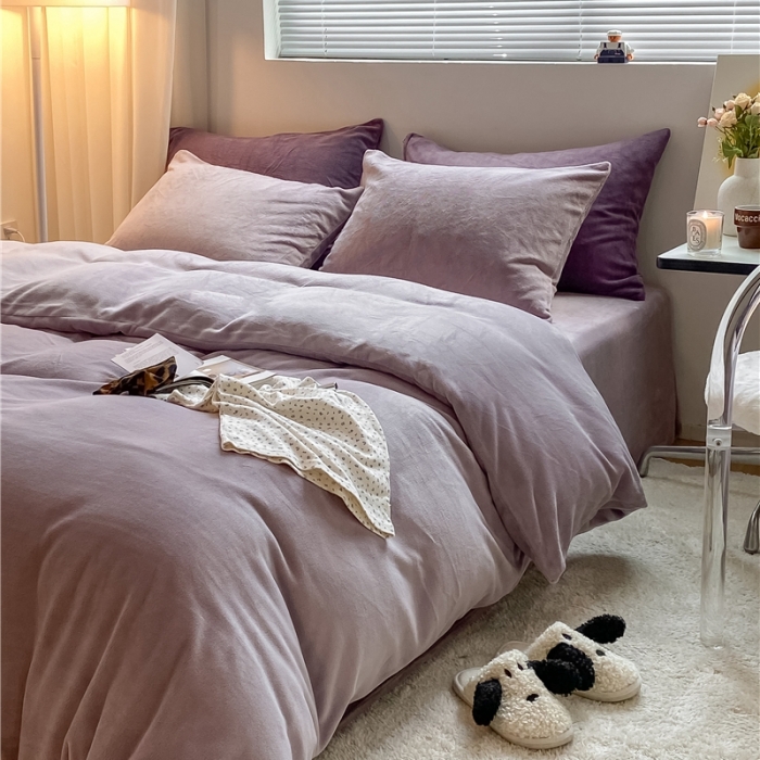 91家纺网 家纺一手货源 找家纺 棉眠 2021新款秋冬纯色牛奶绒四件套 香芋紫+深紫