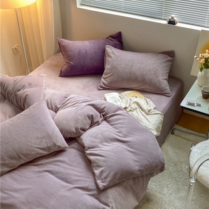 91家纺网 家纺一手货源 找家纺 棉眠 2021新款秋冬纯色牛奶绒四件套 香芋紫+深紫