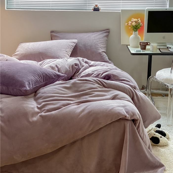 91家纺网 家纺一手货源 找家纺 棉眠 2021新款秋冬纯色牛奶绒四件套 香芋紫+深紫