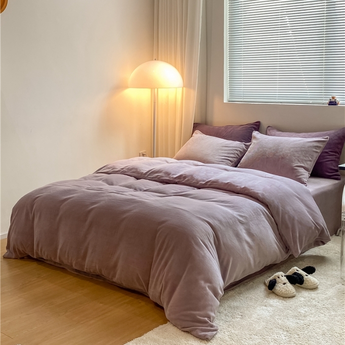 91家纺网 家纺一手货源 找家纺 棉眠 2021新款秋冬纯色牛奶绒四件套 香芋紫+深紫