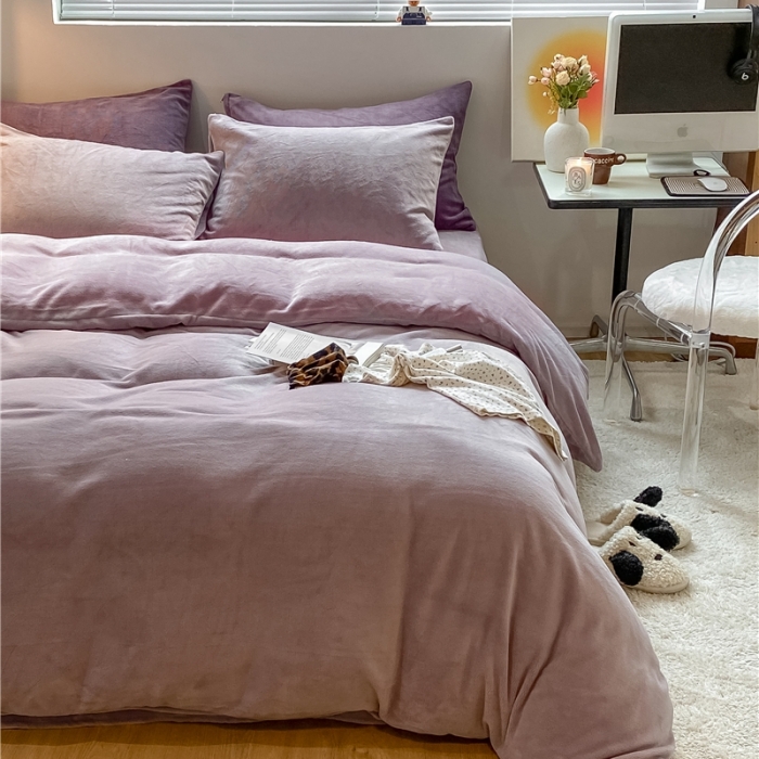 91家纺网 家纺一手货源 找家纺 棉眠 2021新款秋冬纯色牛奶绒四件套 香芋紫+深紫