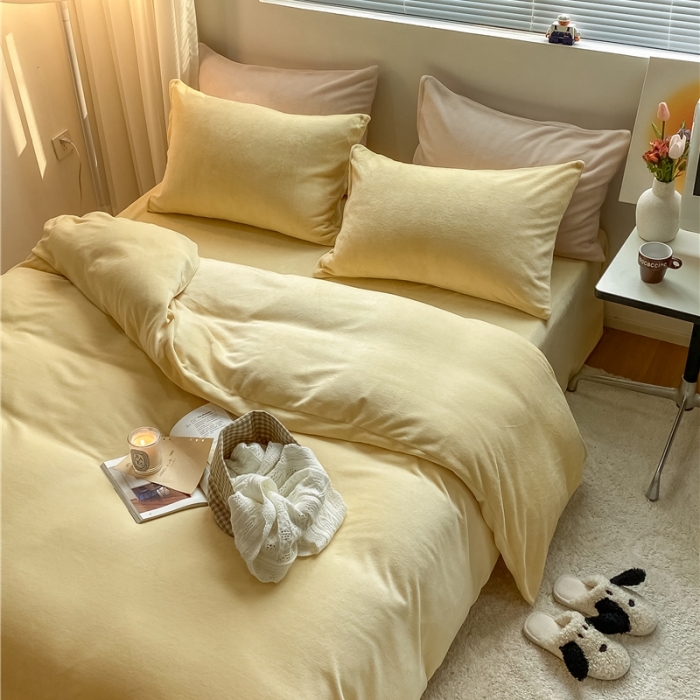 91家纺网 家纺一手货源 找家纺 棉眠 2021新款秋冬纯色牛奶绒四件套 小鸡黄+奶咖