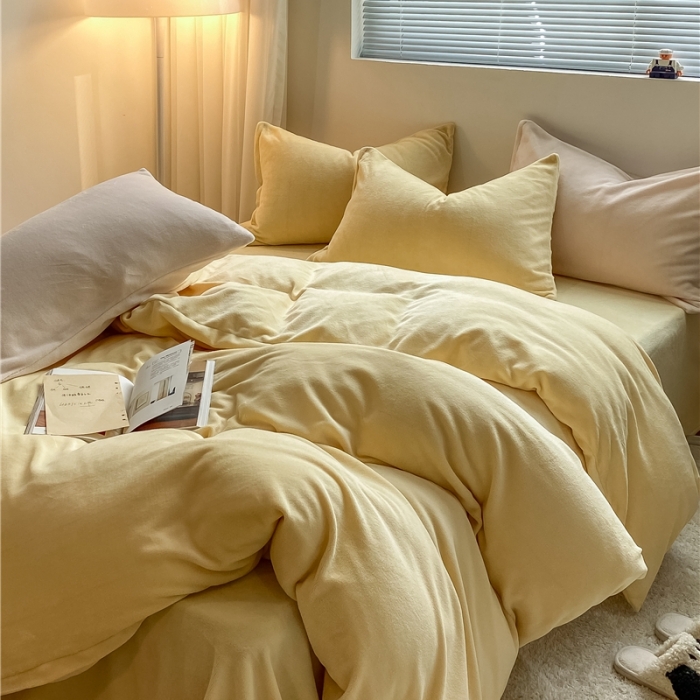 91家纺网 家纺一手货源 找家纺 棉眠 2021新款秋冬纯色牛奶绒四件套 小鸡黄+奶咖