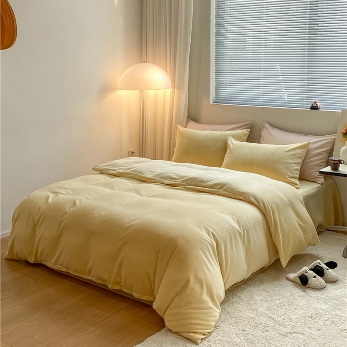 91家纺网 家纺一手货源 找家纺 棉眠 2021新款秋冬纯色牛奶绒四件套 小鸡黄+奶咖