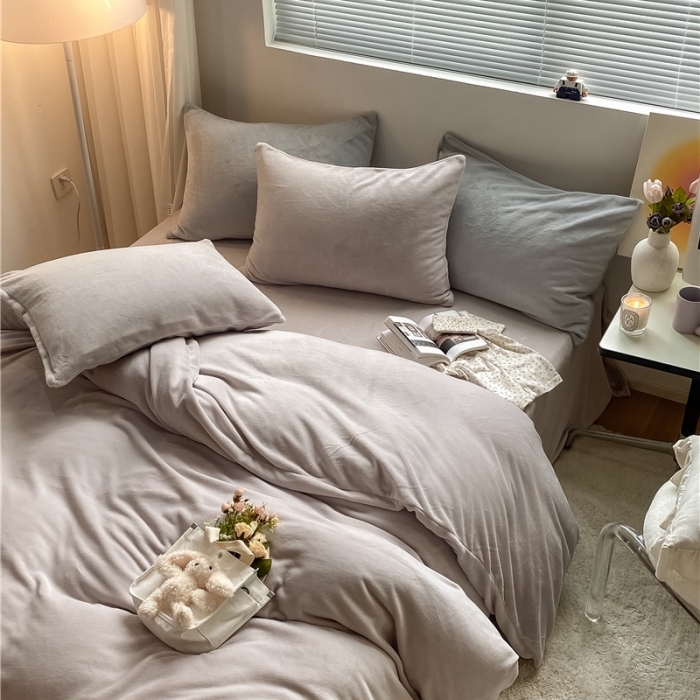 91家纺网 家纺一手货源 找家纺 棉眠 2021新款秋冬纯色牛奶绒四件套 星际灰+浅灰