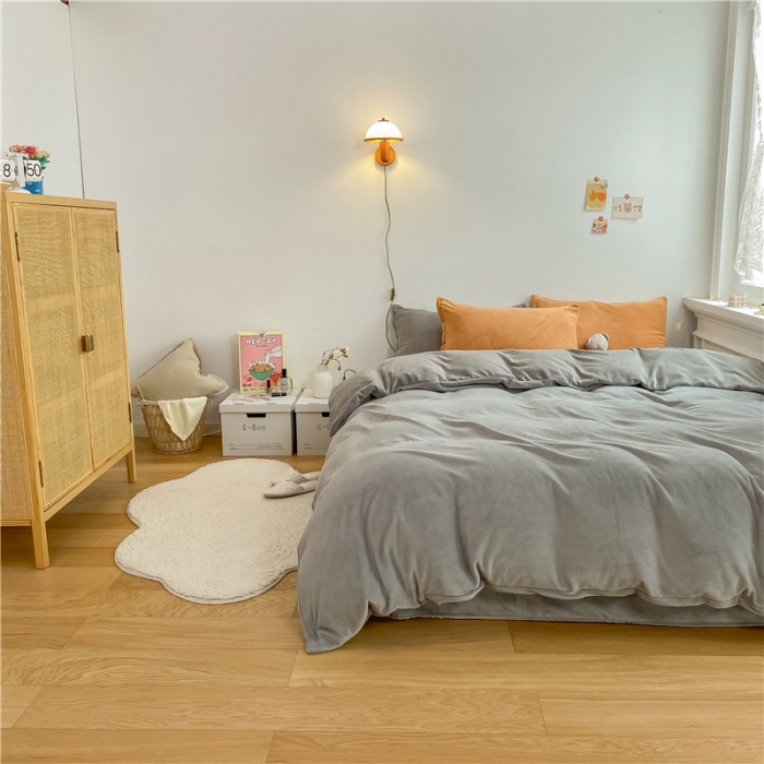 91家纺网 家纺一手货源 找家纺 棉眠 2021新款秋冬纯色牛奶绒四件套 灰+粽