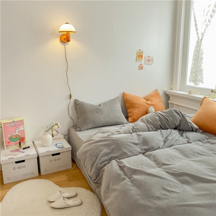 91家纺网 家纺一手货源 找家纺 棉眠 2021新款秋冬纯色牛奶绒四件套 灰+粽