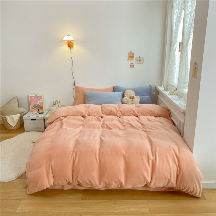 91家纺网 家纺一手货源 找家纺 棉眠 2021新款秋冬纯色牛奶绒四件套 珊瑚粉+雾霾蓝