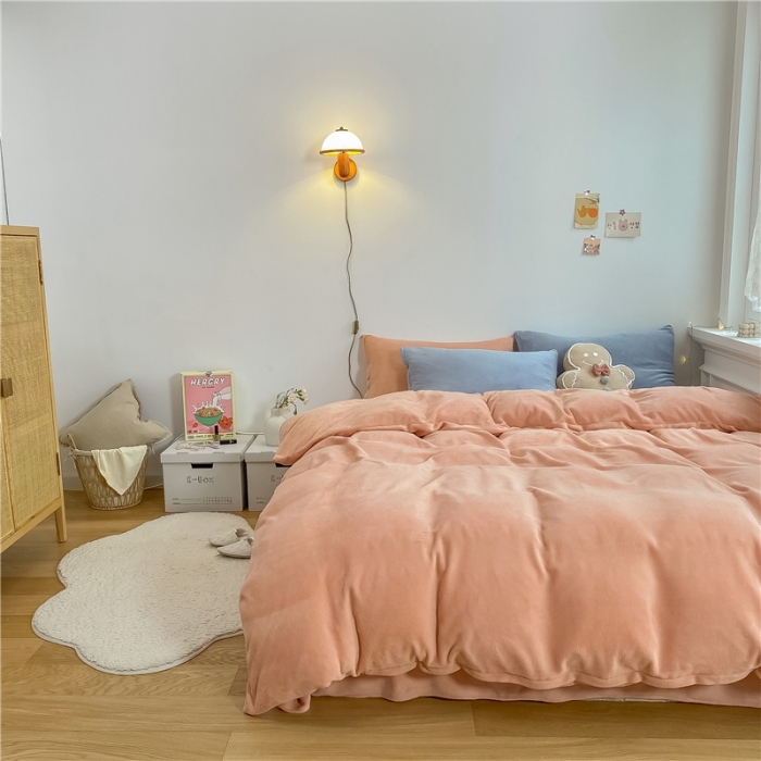 91家纺网 家纺一手货源 找家纺 棉眠 2021新款秋冬纯色牛奶绒四件套 珊瑚粉+雾霾蓝