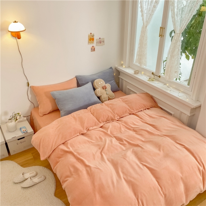 91家纺网 家纺一手货源 找家纺 棉眠 2021新款秋冬纯色牛奶绒四件套 珊瑚粉+雾霾蓝