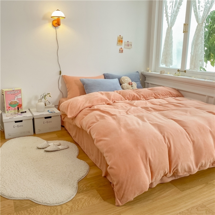 91家纺网 家纺一手货源 找家纺 棉眠 2021新款秋冬纯色牛奶绒四件套 珊瑚粉+雾霾蓝