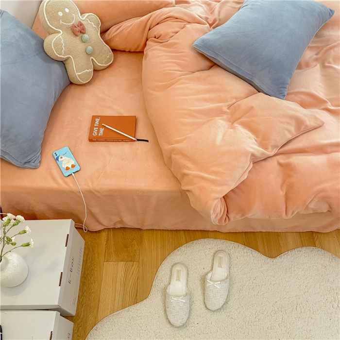 91家纺网 家纺一手货源 找家纺 棉眠 2021新款秋冬纯色牛奶绒四件套 珊瑚粉+雾霾蓝